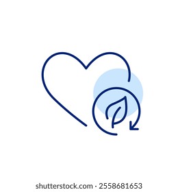 Heart and leaf in recycling arrow. Eco-friendly attitude, sustainable practices. Pixel perfect vector icon