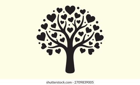Diseño de árbol de silueta de hoja de corazón. árbol de corazón. plantilla de árbol. arte de silueta, diseño minimalista. arte en blanco y negro. hojas de corazón. ilustración gráfica, estilo de arte moderno. concepto de amor.