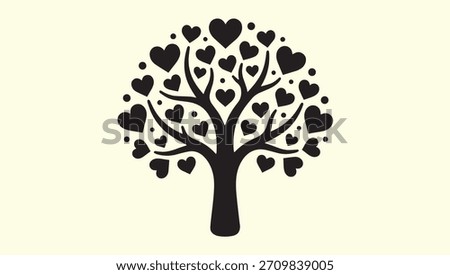 Heart Leaf Silhouette Tree Design. heart tree. tree stencil. silhouette art, minimalist design. black and white art. heart leaves. graphic illustration, modern art style. love concept.