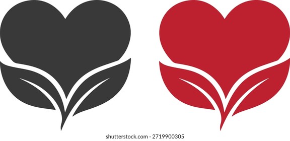 Corazón con el símbolo del Vector del brote de la hoja que representa el amor, el crecimiento, la naturaleza y el cuidado. Disponible en versiones negras y rojas, diseño de silueta plana limpia aislada sobre fondo blanco. Perfecto para tarjetas de San Valentín, conceptos de amor ecológico, logotipos de bodas, marca de bienestar, pegatinas, tatuajes y diseños imprimibles.