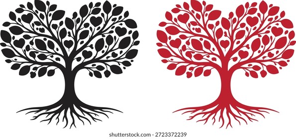Ilustração da árvore da folha do coração simbolizando amor, vida, crescimento e profunda conexão emocional. Árvore decorativa com folhas em forma de coração e raízes visíveis, representando raízes familiares, harmonia, romance e amor inspirado na natureza. Elegante design de vetor plano em versões em preto e vermelho, isolado no fundo branco. Perfeito para o Dia dos Namorados, casamento, aniversário, temas familiares, conceitos ecológicos, marcas, logotipos, cartazes, cartões de felicitações e projetos de arte de parede.
