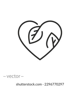 icono del corazón con hojas, concepto vegano amigable, cuidado ecológico o herbario, amor natural, símbolo de línea delgada - ilustración del vector de trazo editable