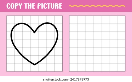 Heart learn to draw educational game. Copy the picture printable worksheet for kids. Drawing by grid outline vector heart