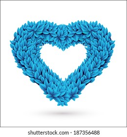 Heart of leaves. Blue vector element with drop shadow isolated on white.