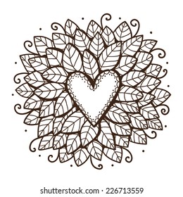 Heart with leaves and flowers. Sketch design element isolated on white. Eps 10 vector illustration.