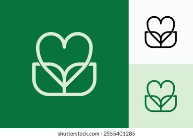 Heart and leaves logo design vector. Modern style outlines. Growth, affection, natural, organic, sustainability.