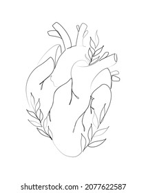 Corazón con hojas en ilustración vectorial