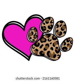 Heart With Leopard Paw Of Dogs And Cats. Dog Paw. Love Dogs. Animal Love Symbol Paw Print. Isolated On White Background.