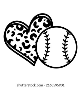 Heart with leopard print and baseball. Softball lovers. Sports design. Vector illustration. Isolated on white background. Good for posters, t shirts, postcards.