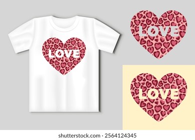 Heart with leopard print and Love inscription. Valentines day concept with t-shirt mockup