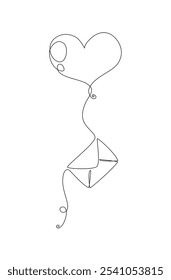 Heart with letter continuous one line art drawing, Balloon heart-shaped tied with an envelope, Love, Careful, Miss you and concern concept, vector Illustration isolated on white background