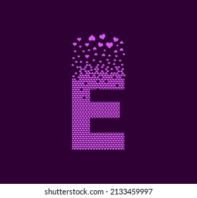 Heart letter E animated pixel dot logo. Capital letter pixel up. Hearts are filled with the letter E. Complementary and integrative pixel movement. Modern heart connect the dots.