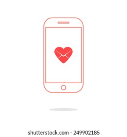 heart letter icon in red outline smartphone. concept of valentine day, billet-doux, electronic mail and romantic penpals. isolated on white background. trendy modern logo design vector illustration