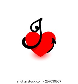 Heart Letter J. Beautiful vector love logo. The symbol of the union, passion and tender feelings of two people. alphabet element. Red and black.