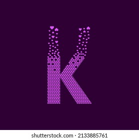 Heart letter K animated pixel dot logo. Capital letter pixel up. Hearts are filled with the letter K. Complementary and integrative pixel movement. Modern heart connect the dots.
