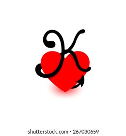 Heart Letter K. Beautiful vector love logo. The symbol of the union, passion and tender feelings of two people. alphabet element. Red and black.