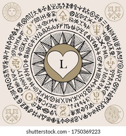 A heart with Letter L inside in the framing of scribbles imitating ancient hieroglyphs, medieval runes, spiritual symbols written in a circle on a beige background. Vector illustration, banner, mascot