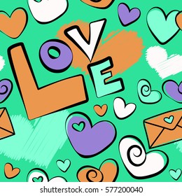 Heart, letter and love text seamless pattern on a green background. Vector illustration.