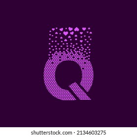 Heart letter Q animated pixel dot logo. Capital letter pixel up. Hearts are filled with the letter Q. Complementary and integrative pixel movement. The modern heart connects the dots.