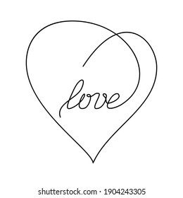 Heart with the lettering love, continuous line. Vector illustration, isolated on a white background.