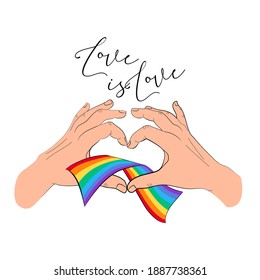 Heart with the lgbt tape. Love. Gesture heart fingers. Flat Vector Illustration.