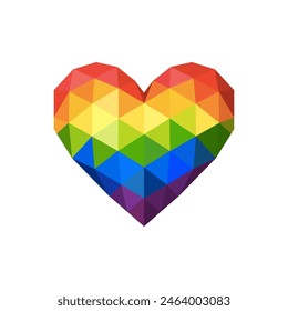 Heart in LGBTq rainbow colours, in a low polygon flat style on white background. Geometric shapes in vibrant colours. Design element for pride, t-shirt, flag, postcard, poster, social media post.