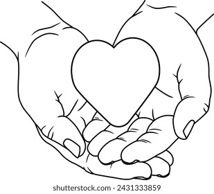 The heart lies in the hands, linear vector illustration as a hand drawing