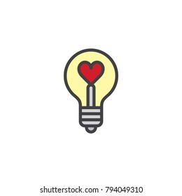 Heart in a light bulb filled outline icon, line vector sign, linear colorful pictogram isolated on white. Love lamp symbol, logo illustration. Pixel perfect vector graphics