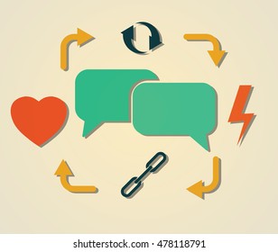 heart, lightning, chains, cycling and speech bubbles symbol as people communication cycle abstract vector illustration 