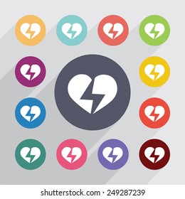 heart lightning circle, flat icons set. Round colorful buttons 