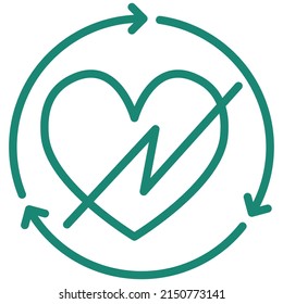 Heart with lightning inside circular arrow. The concept of improving viability and recovery. Turquoise vector linear icon, isolated on transparent background