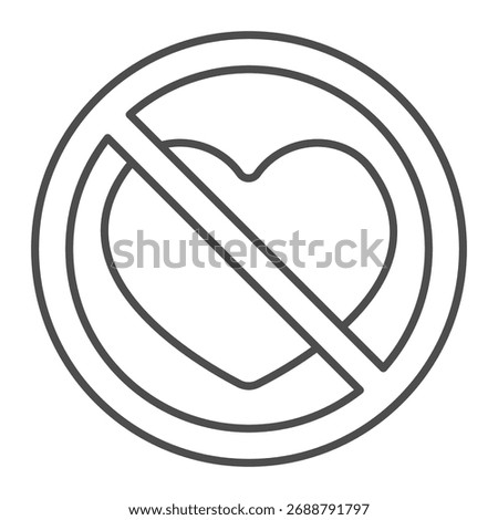 Heart like ban thin line icon, love and infatuation concept. Vector graphics. Forbidden, prohibited item sign on white background, outline style icon for mobile or web design