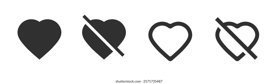 Heart like dislike icon vector ui ux interface element, favorite unfavorite rating button symbol line stroke outline art solid flat pictogram illustration set, web negative positive reaction image 