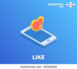 Heart, Like icon, illustration, vector symbol in flat isometric 3D style isolated on color background.