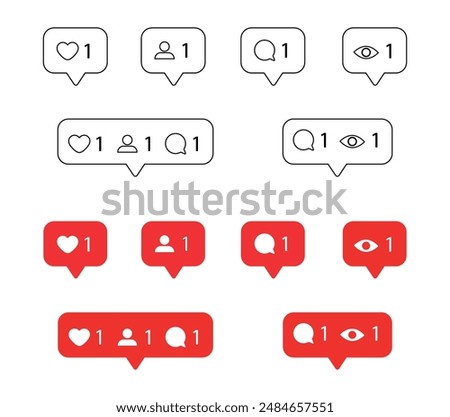 Heart like icon set, new message bubble, friend request quantity number notifications icons templates. Vector illustration.