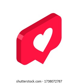 Heart, Like icon, vector symbol in flat isometric 3D style isolated on white background. Social media illustration.