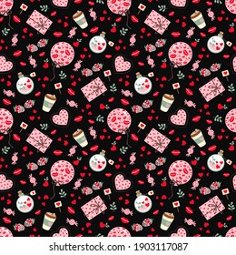 Heart like lipstick kiss seamless pattern. Hearts, strawberries, love potion, envelope, chocolate covered strawberries, candy and a balloon. Gift wrapping design, material, cover.Vector illustration.