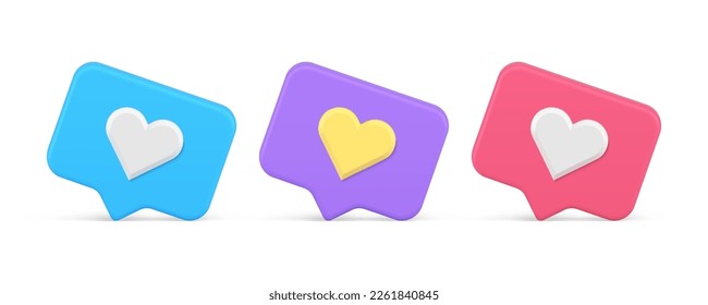 Heart like quick tips social media networks cyberspace button set 3d icon realistic vector illustration. Valentine internet notification online dating communication application virtual speech bubble