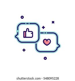 Heart and like symbol in speech bubble message icons. Vector illustration.