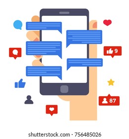 Heart, likes and comments. Social media activities on smartphone screen. Hand hold smartphone. Creative flat design vector illustration