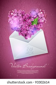 Heart of lilac flowers in an envelope. An illustration on a theme of Valentine's day