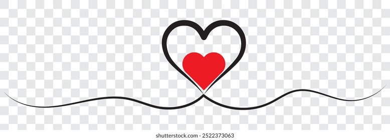 Heart line art drawing vector background. Continuous one line design template. Valentines day. Love symbol. Outline ribbon with red heart vector illustration. EPS 10.