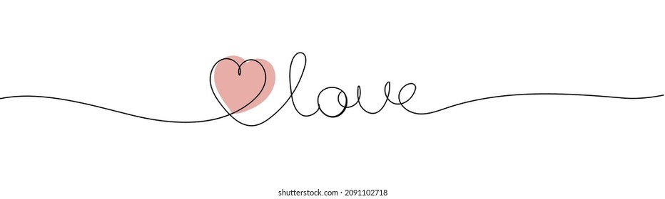 Heart line art with love text. Happy valentines day. Continuous line drawing.  Vector illustration