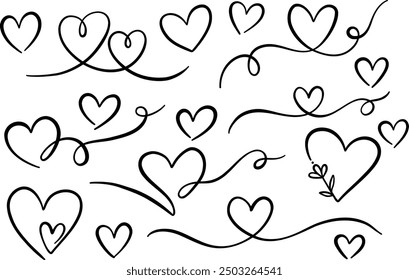 Heart line art set, hand drawn love symbols, isolated vector clip art set