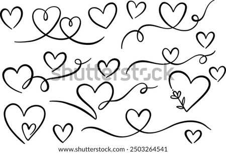 Heart line art set, hand drawn love symbols, isolated vector clip art set