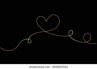 Heart. Line art. Valentine day design. Continuous one line drawing. Hand drawn doodle. Vector minimalist illustration. Decorative design. Gold isolated on black background. Abstract love concept.