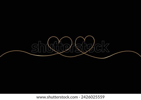 Heart. Line art. Valentine day design. Continuous one line drawing. Hand drawn doodle. Vector minimalist illustration. Decorative design. Gold isolated on black background. Abstract love concept.