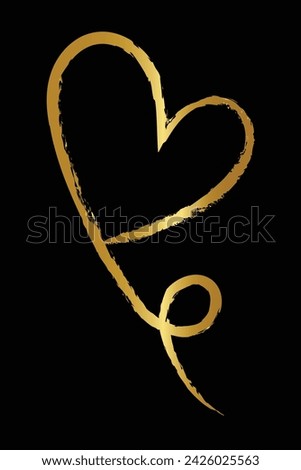 Heart. Line art. Valentine day design. Continuous one line drawing. Hand drawn doodle. Vector minimalist illustration. Decorative design. Gold isolated on black background. Abstract love concept.