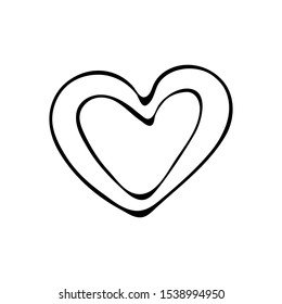 Heart line art in vector. Hand-drawn symbol of love. Doodle outline. Heart icon. Vector illustration isolated on white background. Black and white line. Ink sketch.