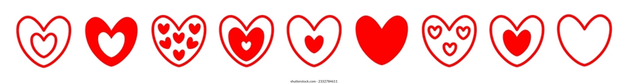 Heart line contour icon set. Happy Valentines day sign symbol template. Red hearts. Different silhouette shape. Flat design. Love greeting card. Isolated White background. Vector illustration
